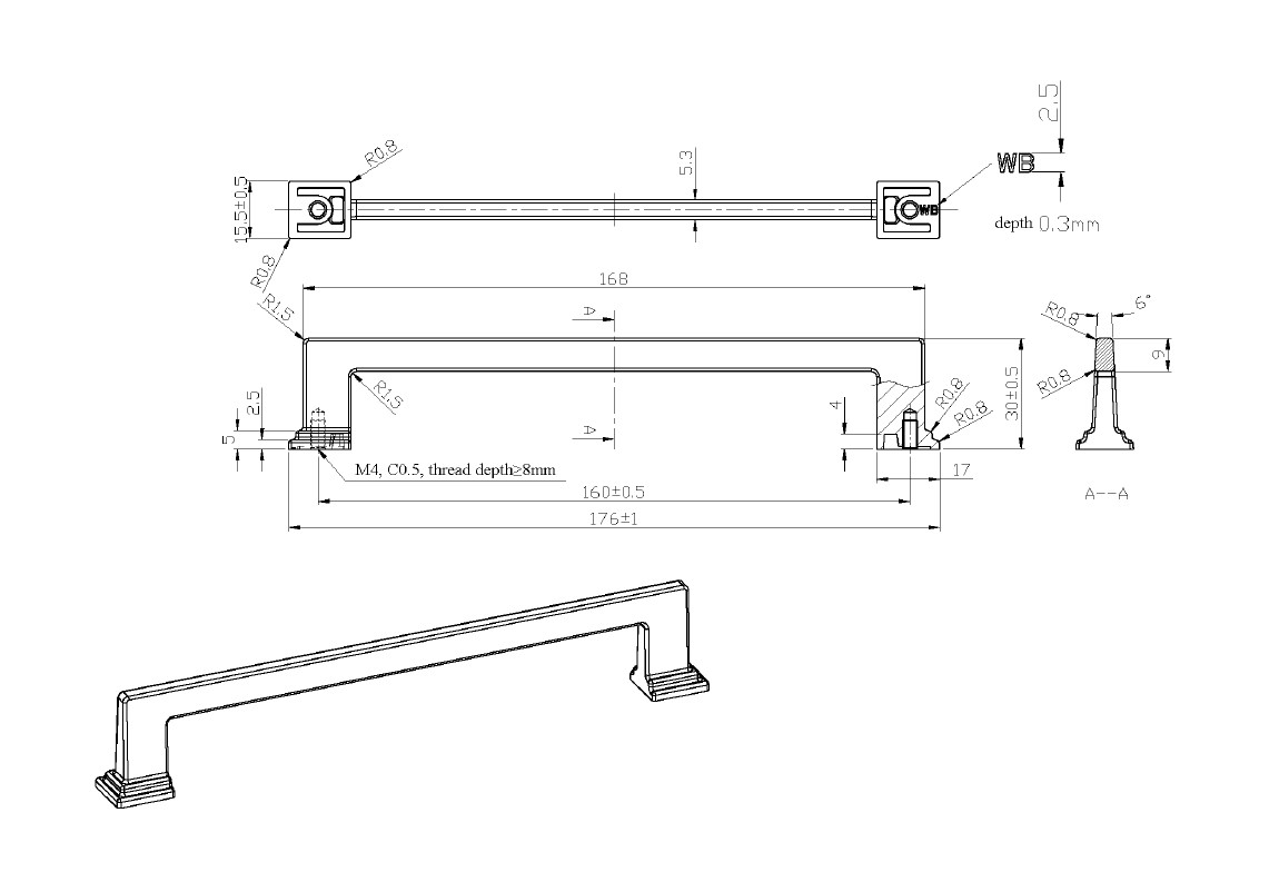 Technische Zeichnung von einem moderner Möbelgriff schwarz matt im geradlinigen Design mit einem Bohrabstand von 160mm